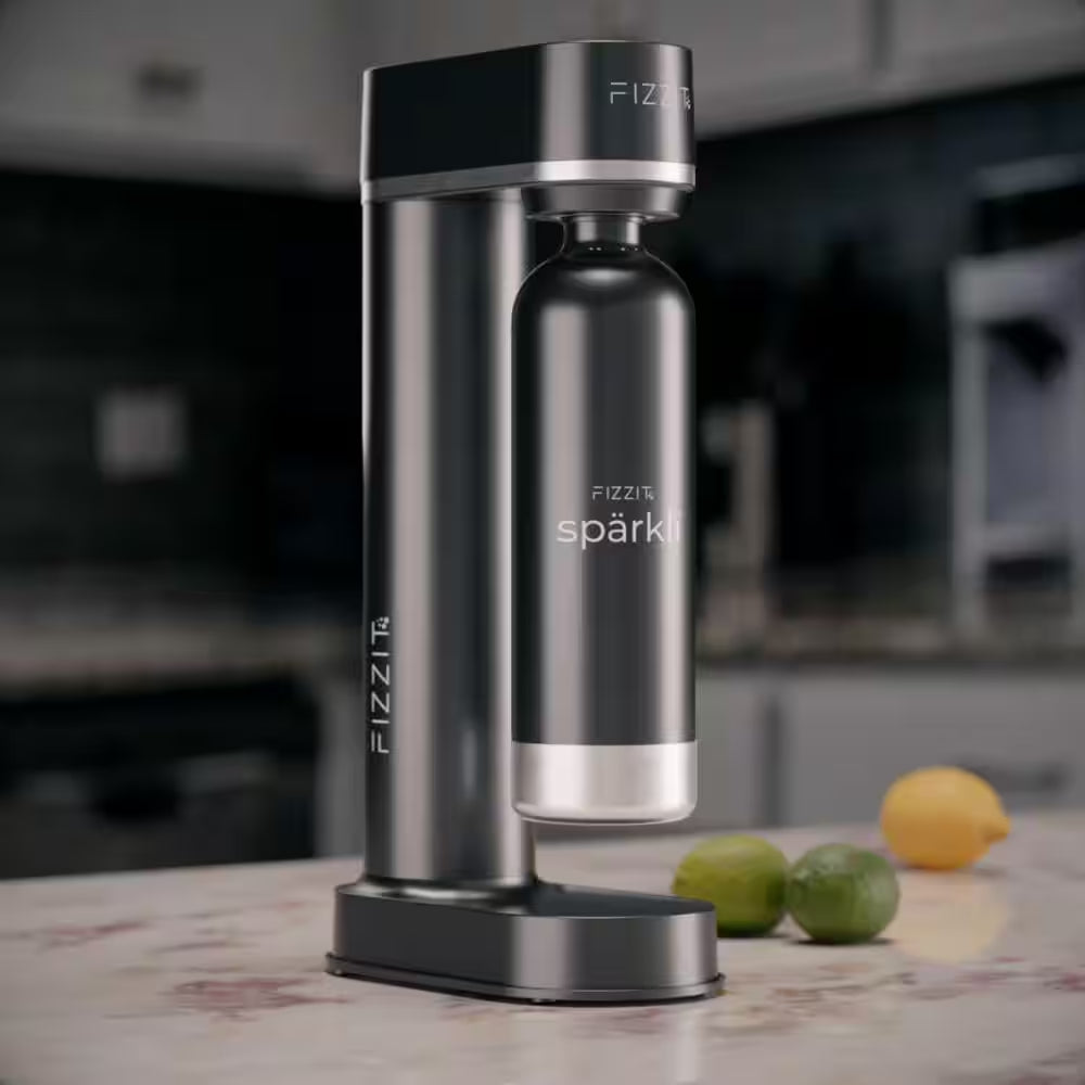Stainless Steel Black Sparkling Water and Soda Maker Machine with Black Stainless Steel 1L Re-Usable Bottle