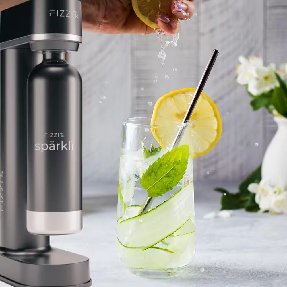 Stainless Steel Black Sparkling Water and Soda Maker Machine with Black Stainless Steel 1L Re-Usable Bottle