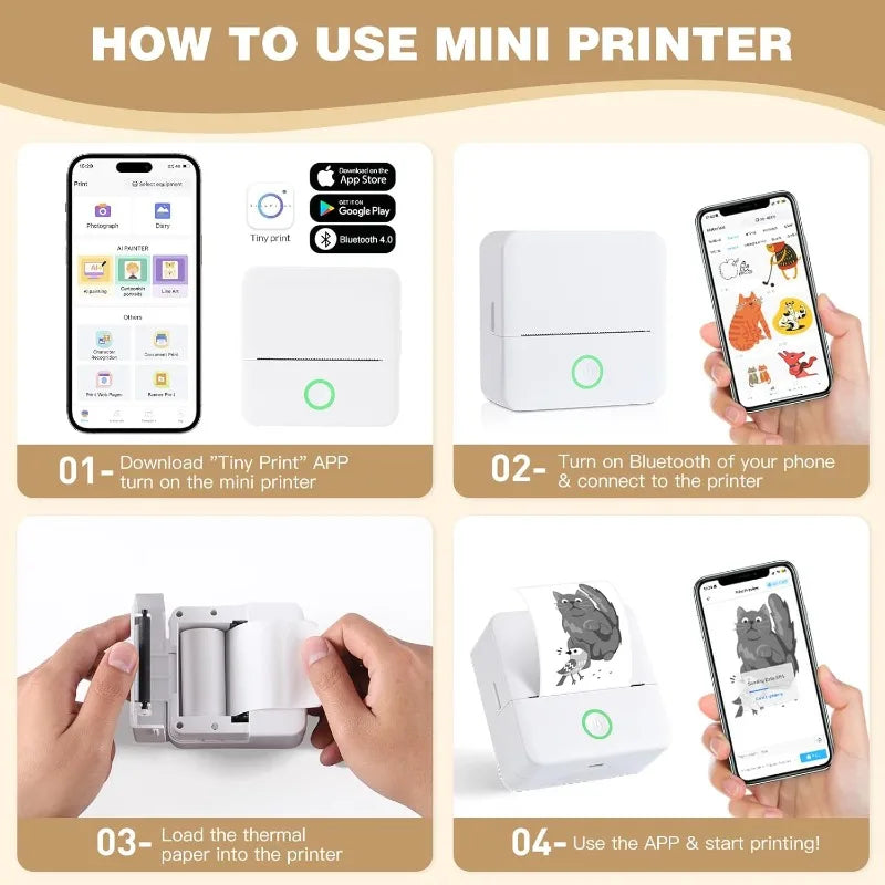 Thermal Mini Printer, Portable Inkless Sticker Maker,Bluetooth Free Cut Small Pocket Printer for Children DIY 57Mm Photo Print