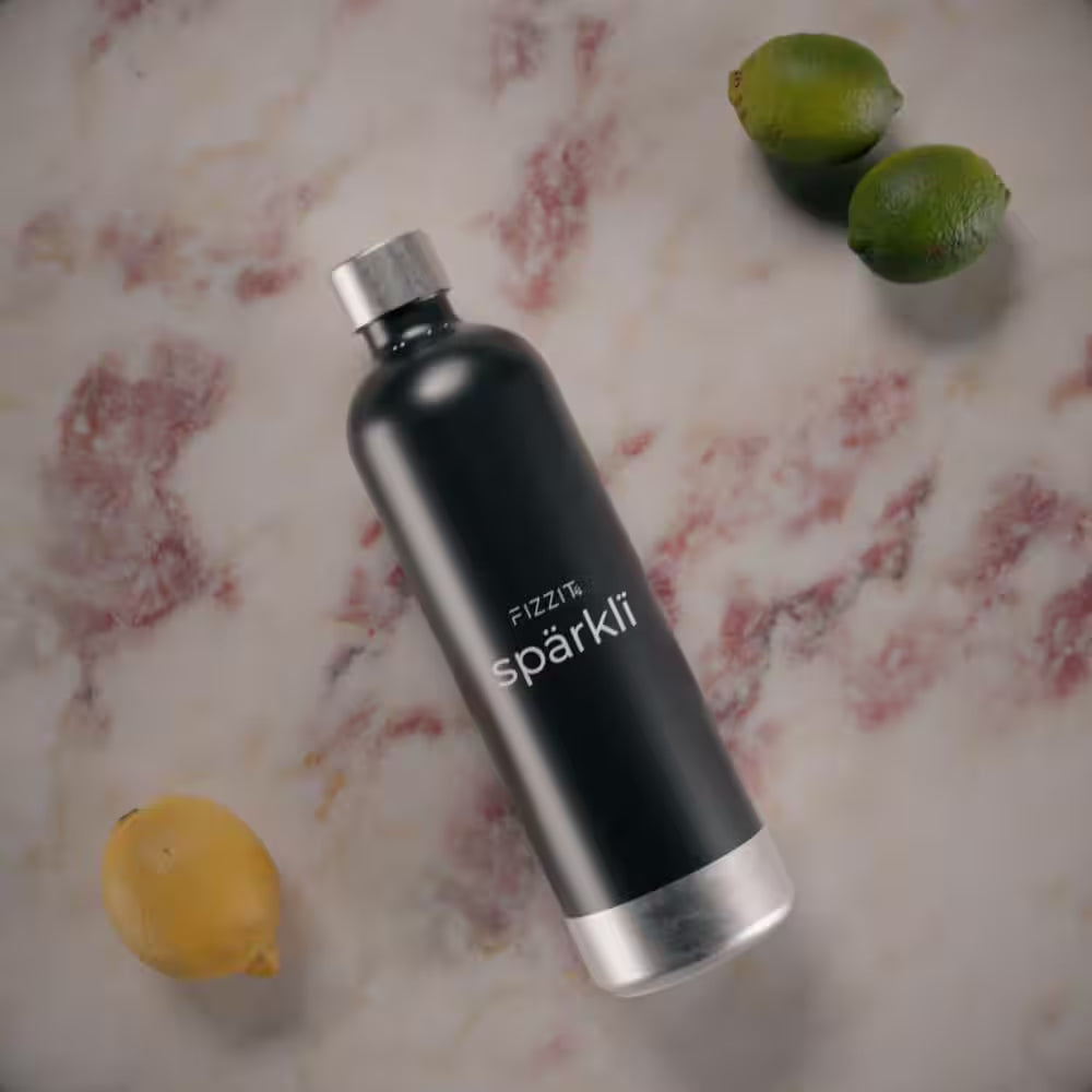 Stainless Steel Black Sparkling Water and Soda Maker Machine with Black Stainless Steel 1L Re-Usable Bottle
